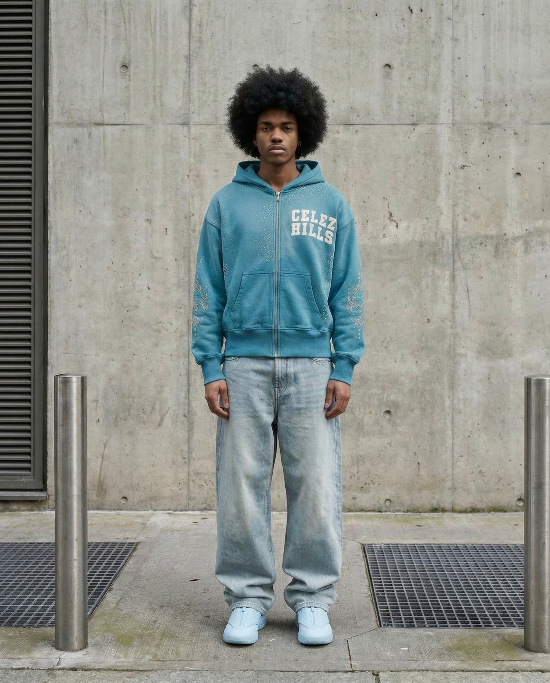 UNIVERSO AQUA BLUE LEATHER LOGO HOODIE-3