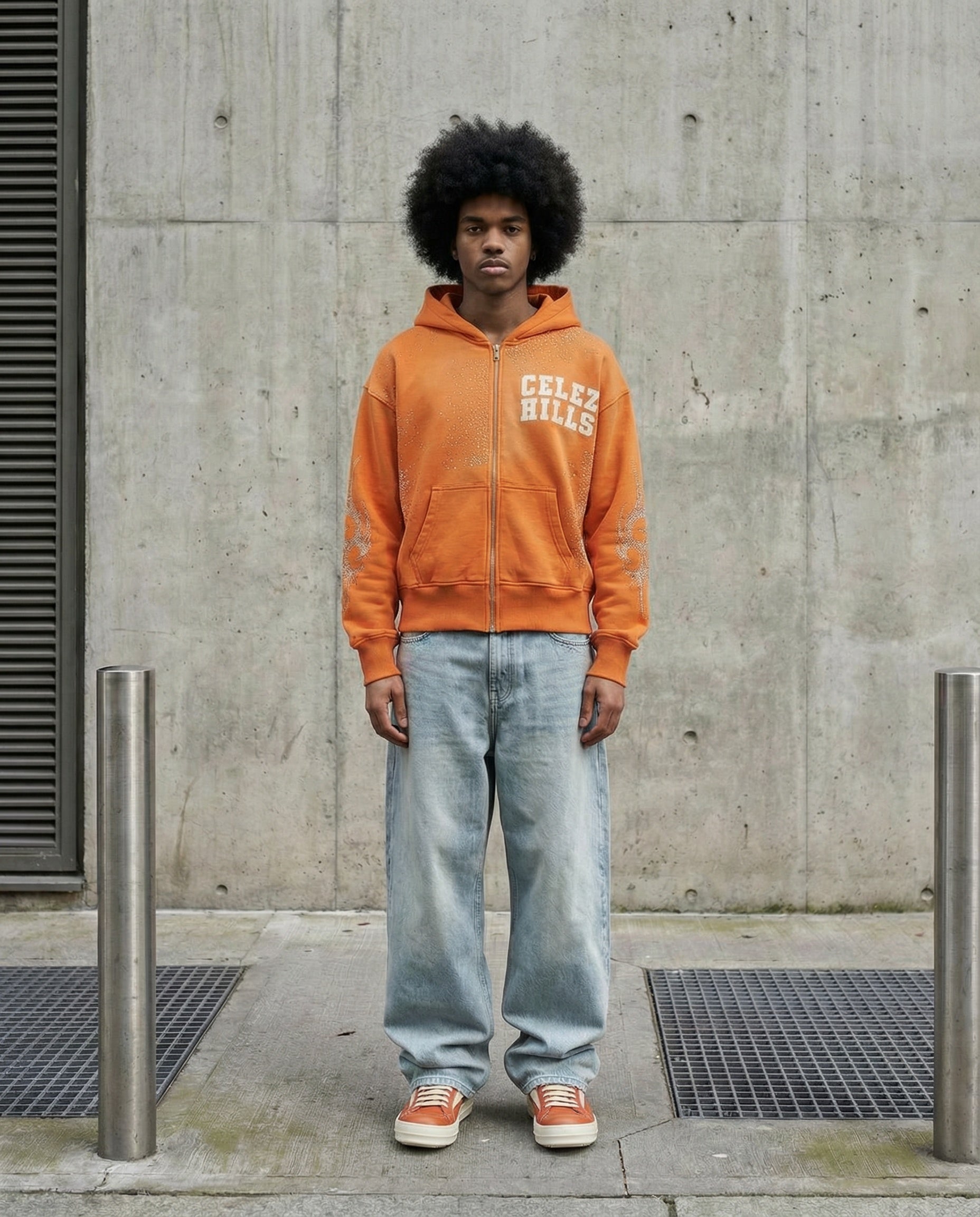 UNIVERSO ORANGE LEATHER LOGO HOODIE-3