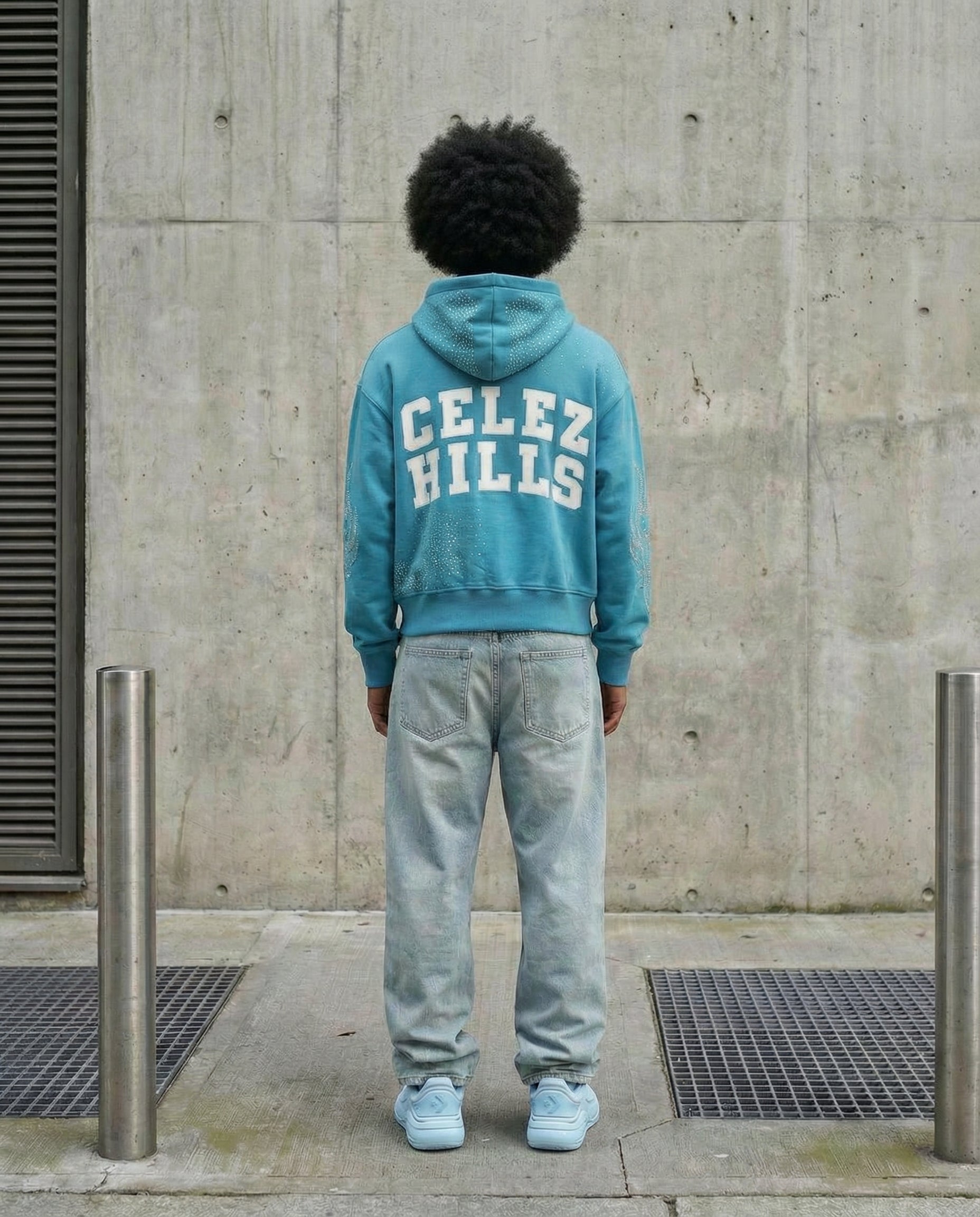 UNIVERSO AQUA BLUE LEATHER LOGO HOODIE-4